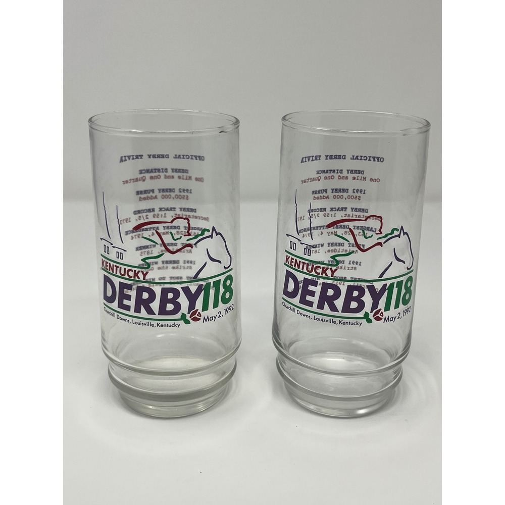 Vintage 1992 Kentucky Derby 118 Churchill Downs Trivia Glasses Set of 2 12oz